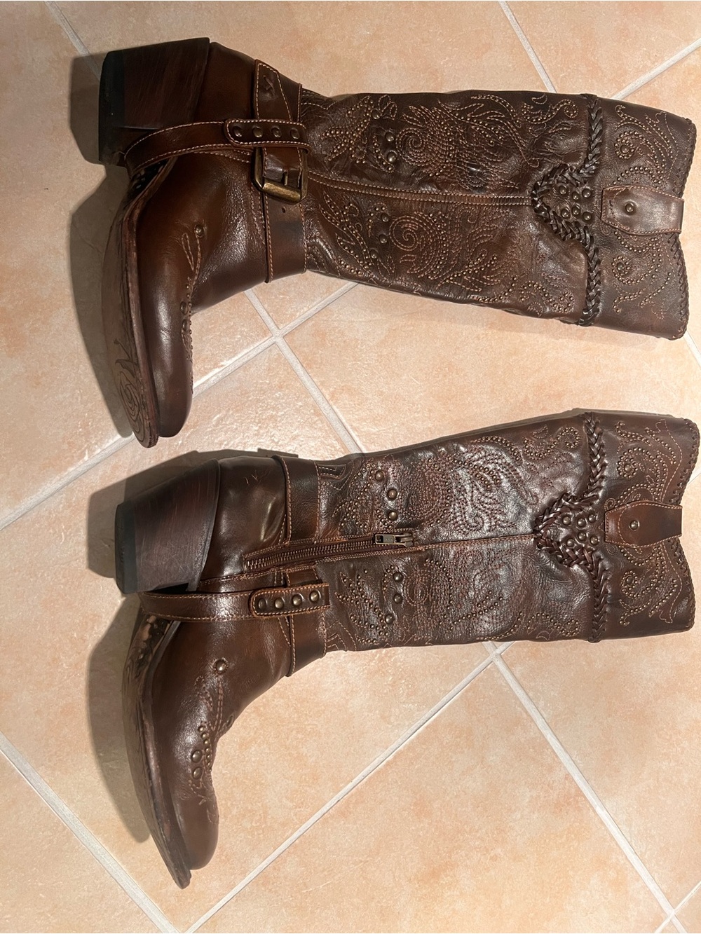 Embellished Brown Leather Western Boots